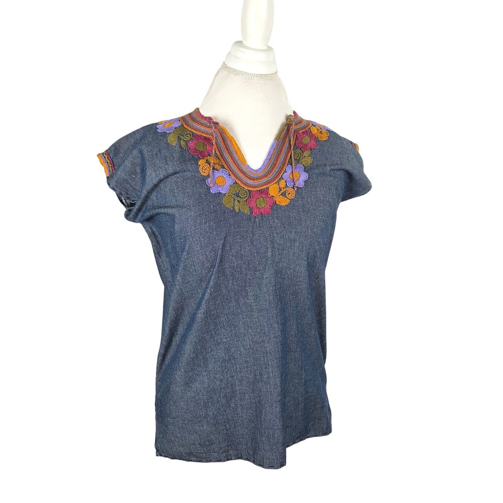 Handmade Floral Embroidered‎ Chambray Cap Sleeve Top Boho Peasant Artsy Cottage
